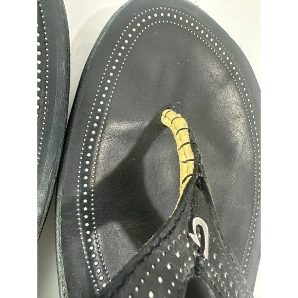 Olukai Ola Full Grain Leather Flip Flops Black Slides Women's Size 10 Sandals - Picture 5 of 14